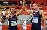 Bryan Clay and Trey Hardee both of USA celebrate winning gold and silver in the Heptathlon (Getty Images)