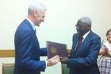 IAAF President Lamine Diack with Russian Minister of Education and Science Andrey Fursenko, after signing an agreement to introduce the IAAF Kids' Athletics programme into the Russian school system (IAAF)