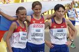 Olga Kaniskina, Elena Lashmanova and Anisya Kirdyapkina celebrate winning team gold in Saransk (IAAF)