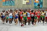 Christopher Isegwe of Tanzania leads the pack in the men's Marathon (Getty Images)
