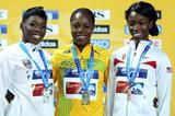 (L-R) Silver medalist Murielle Ahoure of the Ivory Coast, gold medalist Veronica Campbell-Brown of Jamaica and bronze medalist Tianna Madison of Great Britain stand on the podium during the medal ceremony for the Women’s 60 Metres Final on day three - WIC Istanbul (Getty Images)