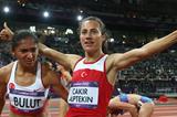 Gold medalist Asli Cakir Alptekin of Turkey celebrates with silver medalist Gamze Bulut of Turkey after the Women's 1500m Final on Day 14 of the London 2012 Olympic Games at Olympic Stadium on August 10, 2012 (Getty Images)