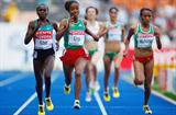 (L-R) Sylvia Jebiwott Kibet of Kenya, Sentayehu Ejigu and Meselech Melkamu of Ethiopia in the women's 5000m heats (Getty Images)