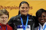 (L-R) Silver medalist Nadzeya Ostapchuk of Belarus, gold medalist Valerie Adams of New Zealandand and Michelle Carter of the United States stand on the podium during the medal ceremony for the Women's Shot Put Final during day two - WIC Istanbul (Getty Images)