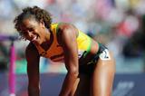 Brigitte Foster-Hylton of Jamaica reacts after competing in the Women's 100m Hurdles heat on Day 10 of the London 2012 Olympic Games at the Olympic Stadium on August 6, 2012 (Getty Images)