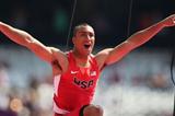 Ashton Eaton of the United States reacts after competing in the Men's Decathlon Pole Vault of the London 2012 Olympic Games on August 9, 2012 (Getty Images)