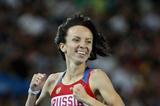Mariya Savinova of Russia crosses the finish line to claim victory in the women's 800 metres final (Getty Images)