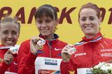 The women's 20km podium: Elena Lashmanova, Olga Kaniskina and Maria José Poves (Getty Images)