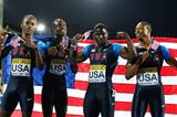 Tyreek Hill, Aldrich Bailey, Arthur Delaney and Aaron Ernest of United States pose after winning the gold medal on the Men's 4x100 metres Relay Final on the day five of the IAAF World Junior Championships in Barcelona on 14 July 2012 (Getty Images)