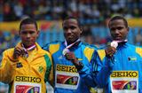 Boys Triple jump final medalists from left, Silver Medalist Albert JANKI of South Africa, Gold Medalist Latario COLLIE-MINNS (BAH) and Bronze Medalist Lathone COLLIE-MINNS (BAH) - Day Five - WYC Lille 2011 (Getty Images)