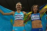 Gold medalist Olga Rypakova of Kazakhstan and bronze medalist Olha Saladuha pose afte competing in the Women's Triple Jump on Day 9 of the London 2012 Olympic on 5 August 2012 (Getty Images)