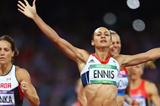 Jessica Ennis of Great Britain crosses the line during the Women's Heptathlon 800m to win overall gold on Day 8 of the London 2012 Olympic Games on 4 August 2012 (Getty Images)