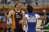 Steven Hooker is congratulated by Renaud Lavillenie for winning the IAAF / VTB Bank Continental Cup in Split (Getty Images)