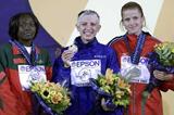 Francoise Mbango (left)  with fellow Edmonton 2001 medallists Lebedeva and Marinova (Getty Images)