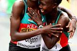 World Half Marathon champion Mary Keitany (R) congratulates team mate Philes Ongori on her silver medal winning performance (Getty Images)