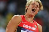 Christina Obergfoll of Germany reacts after a good throw in the Women's Javelin Throw Final of the London 2012 Olympic Games on August 9, 2012 (Getty Images)