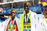 Wesley Korir and Sharon Cherop the victors at the 2012 BAA Boston Marathon (Victah Sailer)