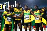 Michael Frater, Usain Bolt, Yohan Blake and Nesta Carter of Jamaica celebrate victory and a new world record in the men's 4x100 metres relay final  (Getty Images)