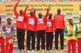 The Kenyan men's squad celebrate their team triumph in Nanning (Getty Images)