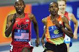 Bernard Lagat passes Augustine Choge in the 3000m at Glasgow (Getty Images)