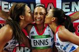 Jessica Ennis (c) celebrates her Heptathlon gold with teammates Louise Hazel (r) and Katarina Johnson-Thompson (l)  (Getty Images)