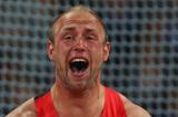  Robert Harting of Germany celebrates winning gold in the Men's Discus Throw Final on Day 11 of the London 2012 Olympic Games at Olympic Stadium on August 7, 2012 (Getty Images)