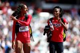 Brigetta Barrett and Chaunte Lowe of the United States in discussion after the Women's High Jump qualification  of the London 2012 Olympic Games on 09 August 2012 (Getty Images)