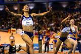 Lolo Jones celebrates as she crosses the finish line in the women's 60m hurdles (Getty Images)